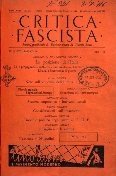 Critica fascista rivista quindicinale del fascismo diretta da Giuseppe Bottai