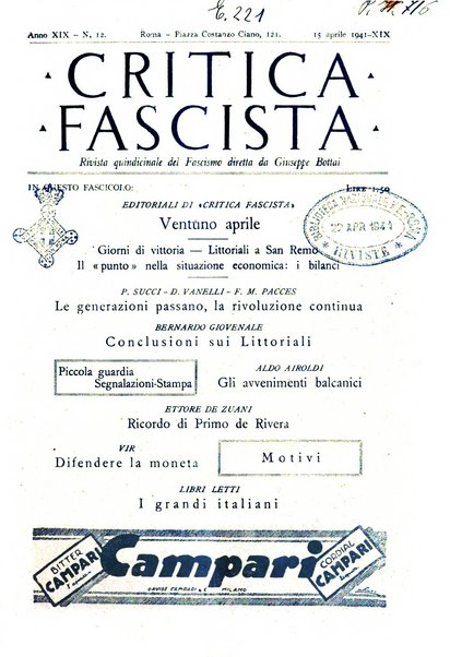 Critica fascista rivista quindicinale del fascismo diretta da Giuseppe Bottai