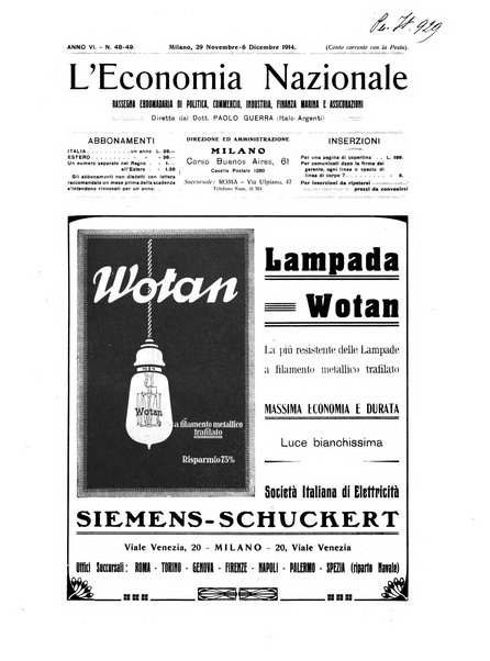 L'economia nazionale rassegna ebdomadaria di politica, commercio, industria, finanza, marina, e assicurazione
