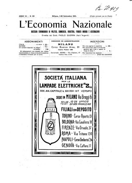 L'economia nazionale rassegna ebdomadaria di politica, commercio, industria, finanza, marina, e assicurazione