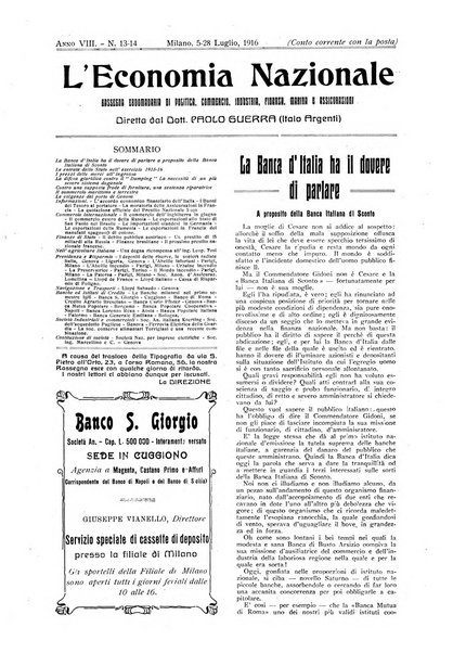 L'economia nazionale rassegna ebdomadaria di politica, commercio, industria, finanza, marina, e assicurazione