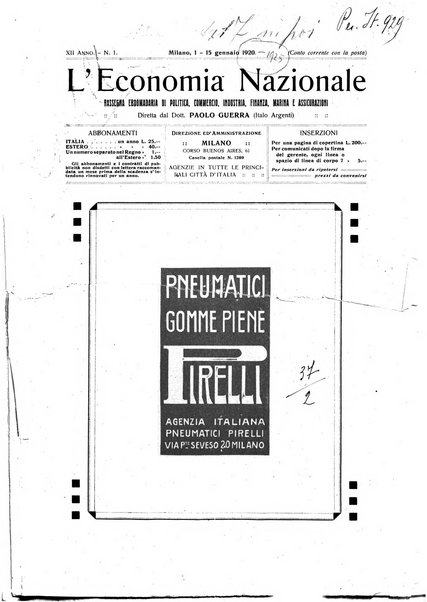 L'economia nazionale rassegna ebdomadaria di politica, commercio, industria, finanza, marina, e assicurazione