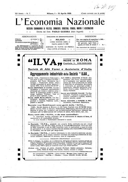 L'economia nazionale rassegna ebdomadaria di politica, commercio, industria, finanza, marina, e assicurazione