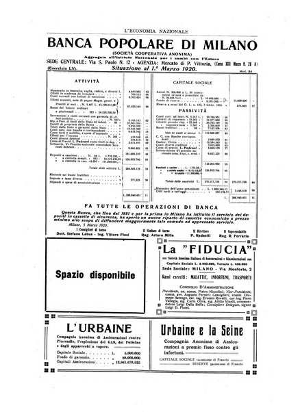 L'economia nazionale rassegna ebdomadaria di politica, commercio, industria, finanza, marina, e assicurazione