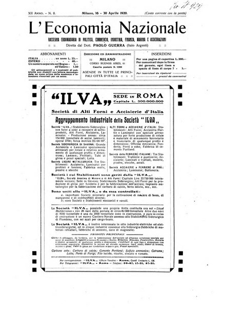 L'economia nazionale rassegna ebdomadaria di politica, commercio, industria, finanza, marina, e assicurazione