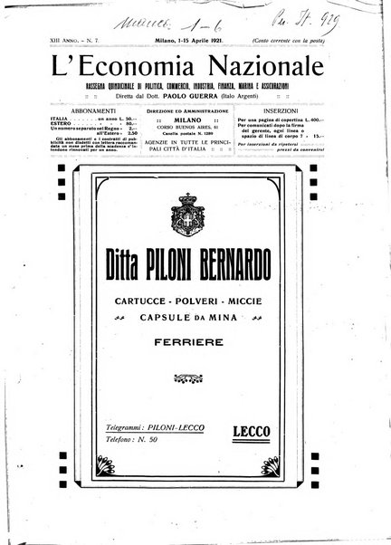 L'economia nazionale rassegna ebdomadaria di politica, commercio, industria, finanza, marina, e assicurazione