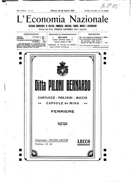 L'economia nazionale rassegna ebdomadaria di politica, commercio, industria, finanza, marina, e assicurazione