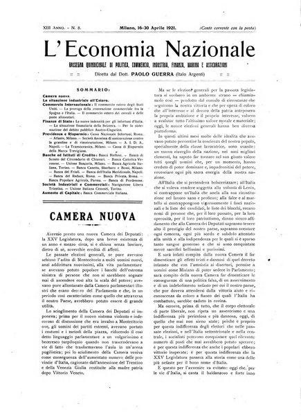 L'economia nazionale rassegna ebdomadaria di politica, commercio, industria, finanza, marina, e assicurazione