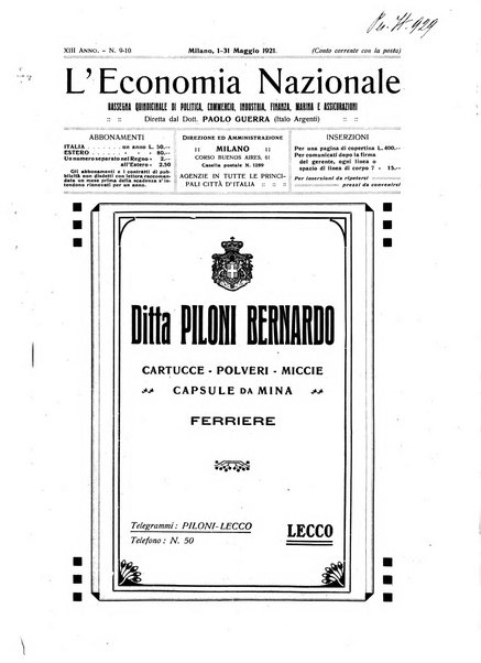 L'economia nazionale rassegna ebdomadaria di politica, commercio, industria, finanza, marina, e assicurazione