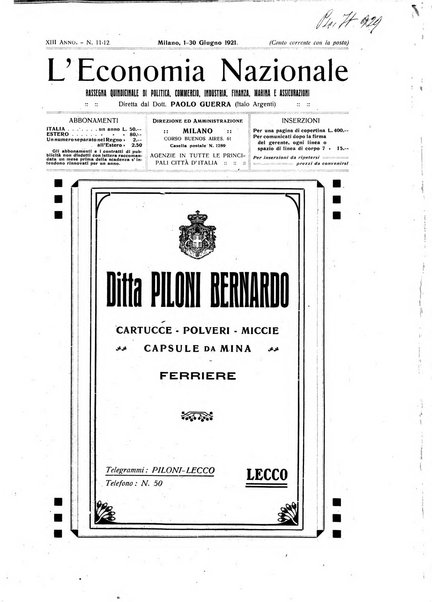 L'economia nazionale rassegna ebdomadaria di politica, commercio, industria, finanza, marina, e assicurazione