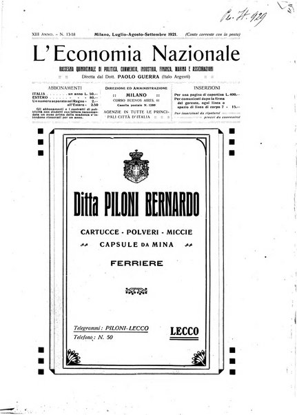 L'economia nazionale rassegna ebdomadaria di politica, commercio, industria, finanza, marina, e assicurazione