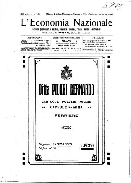 L'economia nazionale rassegna ebdomadaria di politica, commercio, industria, finanza, marina, e assicurazione