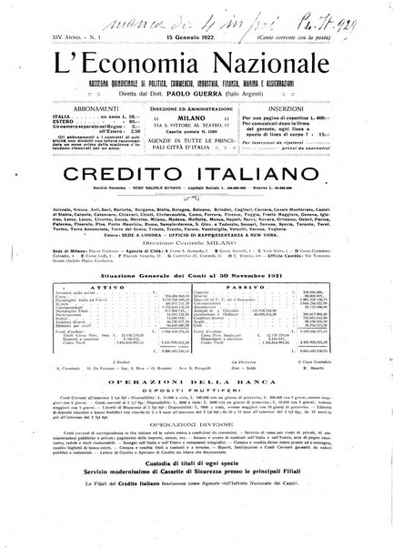 L'economia nazionale rassegna ebdomadaria di politica, commercio, industria, finanza, marina, e assicurazione