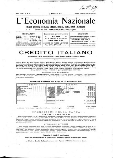 L'economia nazionale rassegna ebdomadaria di politica, commercio, industria, finanza, marina, e assicurazione