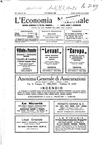 L'economia nazionale rassegna ebdomadaria di politica, commercio, industria, finanza, marina, e assicurazione