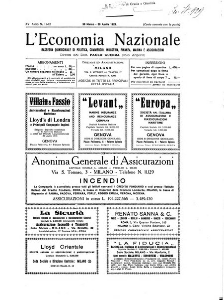 L'economia nazionale rassegna ebdomadaria di politica, commercio, industria, finanza, marina, e assicurazione