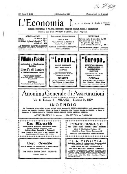 L'economia nazionale rassegna ebdomadaria di politica, commercio, industria, finanza, marina, e assicurazione