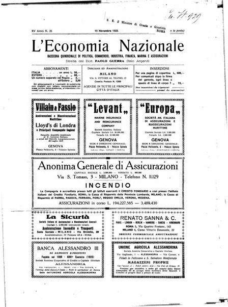 L'economia nazionale rassegna ebdomadaria di politica, commercio, industria, finanza, marina, e assicurazione