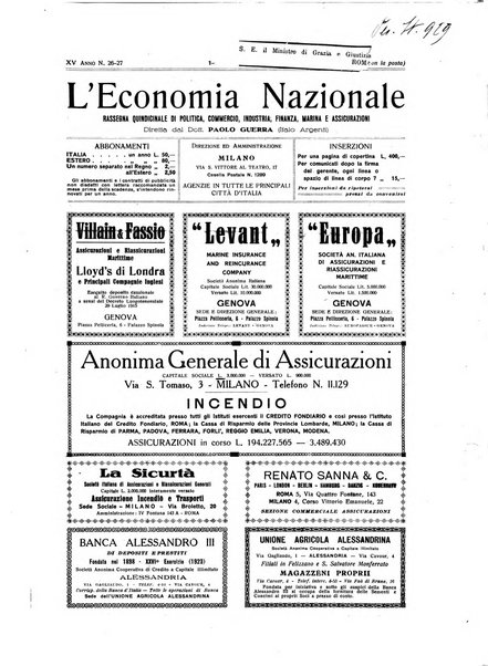 L'economia nazionale rassegna ebdomadaria di politica, commercio, industria, finanza, marina, e assicurazione