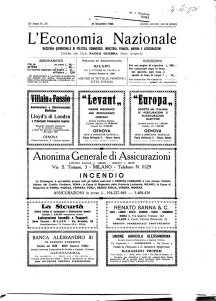 L'economia nazionale rassegna ebdomadaria di politica, commercio, industria, finanza, marina, e assicurazione