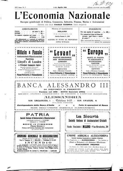 L'economia nazionale rassegna ebdomadaria di politica, commercio, industria, finanza, marina, e assicurazione