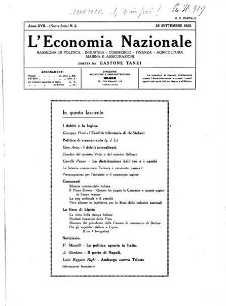 L'economia nazionale rassegna ebdomadaria di politica, commercio, industria, finanza, marina, e assicurazione