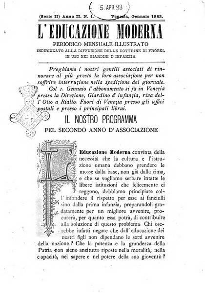 L'educazione moderna periodico mensile indirizzato alla diffusione delle teorie di Federico Frobel ...