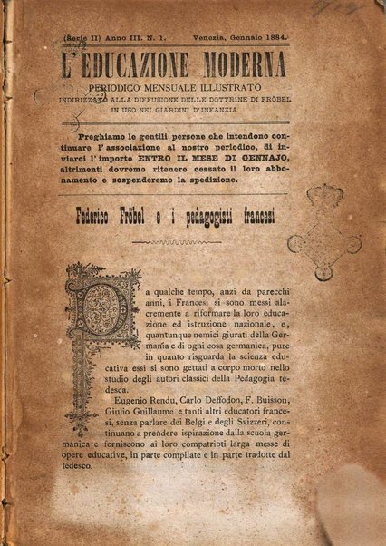 L'educazione moderna periodico mensile indirizzato alla diffusione delle teorie di Federico Frobel ...