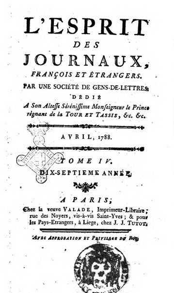 L'esprit des journaux françois et étrangers