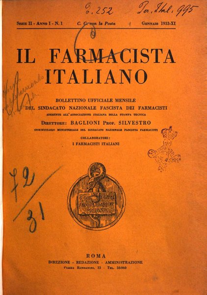 Il farmacista italiano bollettino ufficiale mensile del Sindacato nazionale fascista dei farmacisti