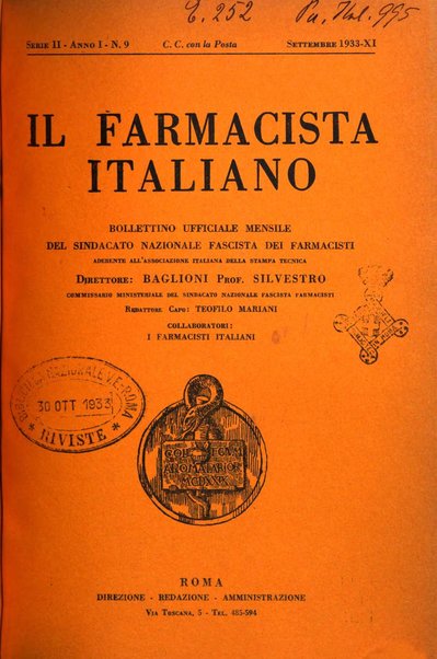 Il farmacista italiano bollettino ufficiale mensile del Sindacato nazionale fascista dei farmacisti