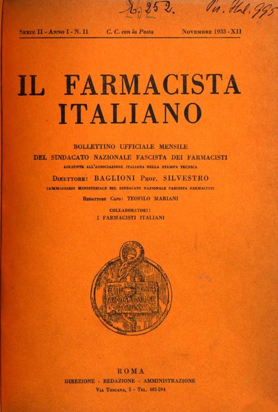 Il farmacista italiano bollettino ufficiale mensile del Sindacato nazionale fascista dei farmacisti