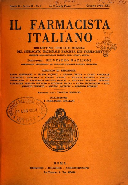 Il farmacista italiano bollettino ufficiale mensile del Sindacato nazionale fascista dei farmacisti