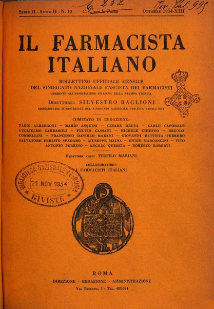 Il farmacista italiano bollettino ufficiale mensile del Sindacato nazionale fascista dei farmacisti