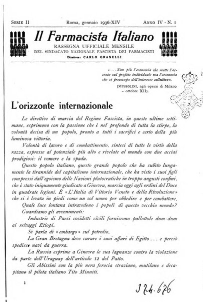 Il farmacista italiano bollettino ufficiale mensile del Sindacato nazionale fascista dei farmacisti