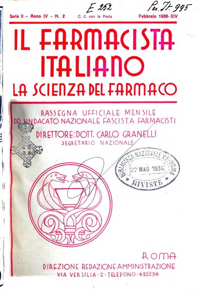 Il farmacista italiano bollettino ufficiale mensile del Sindacato nazionale fascista dei farmacisti