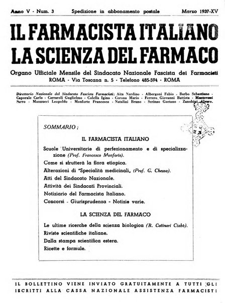 Il farmacista italiano bollettino ufficiale mensile del Sindacato nazionale fascista dei farmacisti