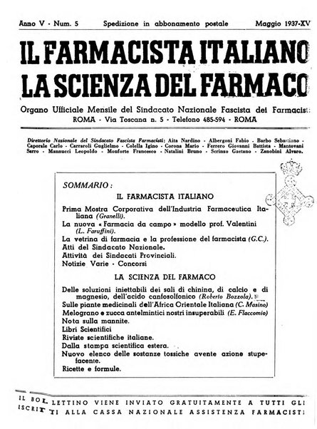 Il farmacista italiano bollettino ufficiale mensile del Sindacato nazionale fascista dei farmacisti