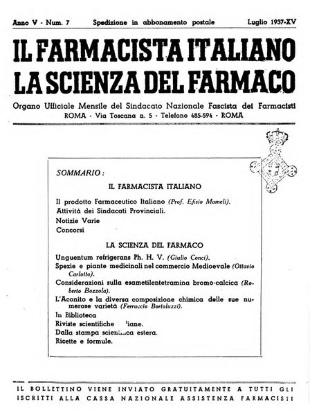 Il farmacista italiano bollettino ufficiale mensile del Sindacato nazionale fascista dei farmacisti