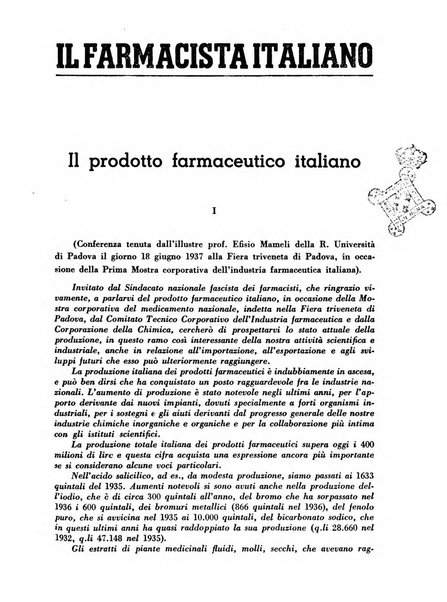 Il farmacista italiano bollettino ufficiale mensile del Sindacato nazionale fascista dei farmacisti