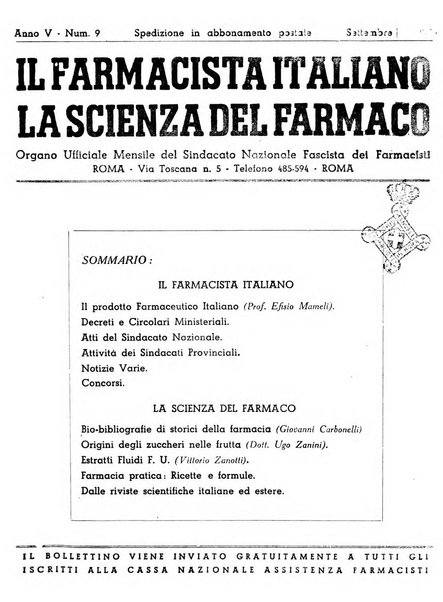 Il farmacista italiano bollettino ufficiale mensile del Sindacato nazionale fascista dei farmacisti