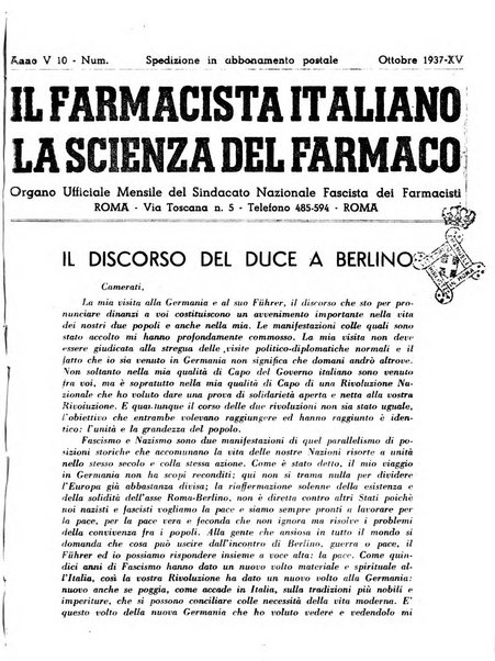 Il farmacista italiano bollettino ufficiale mensile del Sindacato nazionale fascista dei farmacisti