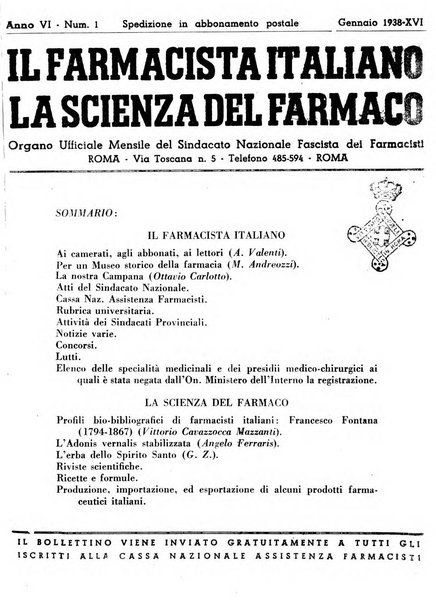 Il farmacista italiano bollettino ufficiale mensile del Sindacato nazionale fascista dei farmacisti