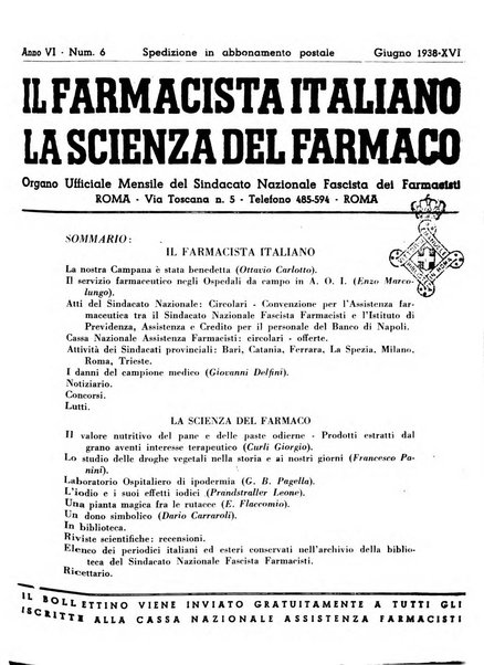 Il farmacista italiano bollettino ufficiale mensile del Sindacato nazionale fascista dei farmacisti