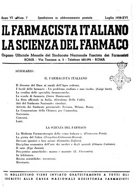 Il farmacista italiano bollettino ufficiale mensile del Sindacato nazionale fascista dei farmacisti