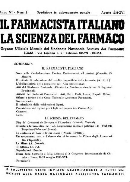 Il farmacista italiano bollettino ufficiale mensile del Sindacato nazionale fascista dei farmacisti