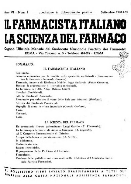 Il farmacista italiano bollettino ufficiale mensile del Sindacato nazionale fascista dei farmacisti