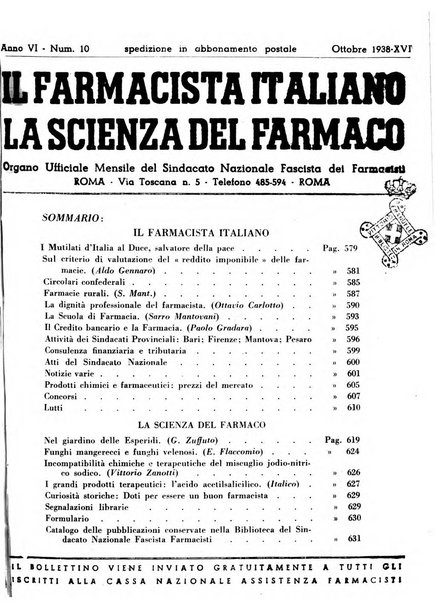 Il farmacista italiano bollettino ufficiale mensile del Sindacato nazionale fascista dei farmacisti