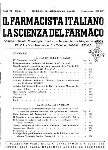 Il farmacista italiano bollettino ufficiale mensile del Sindacato nazionale fascista dei farmacisti