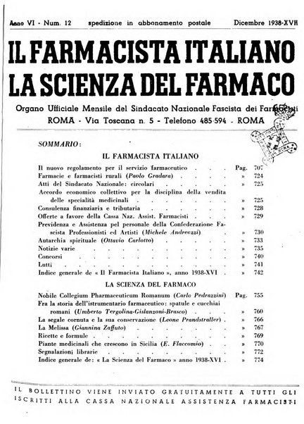 Il farmacista italiano bollettino ufficiale mensile del Sindacato nazionale fascista dei farmacisti